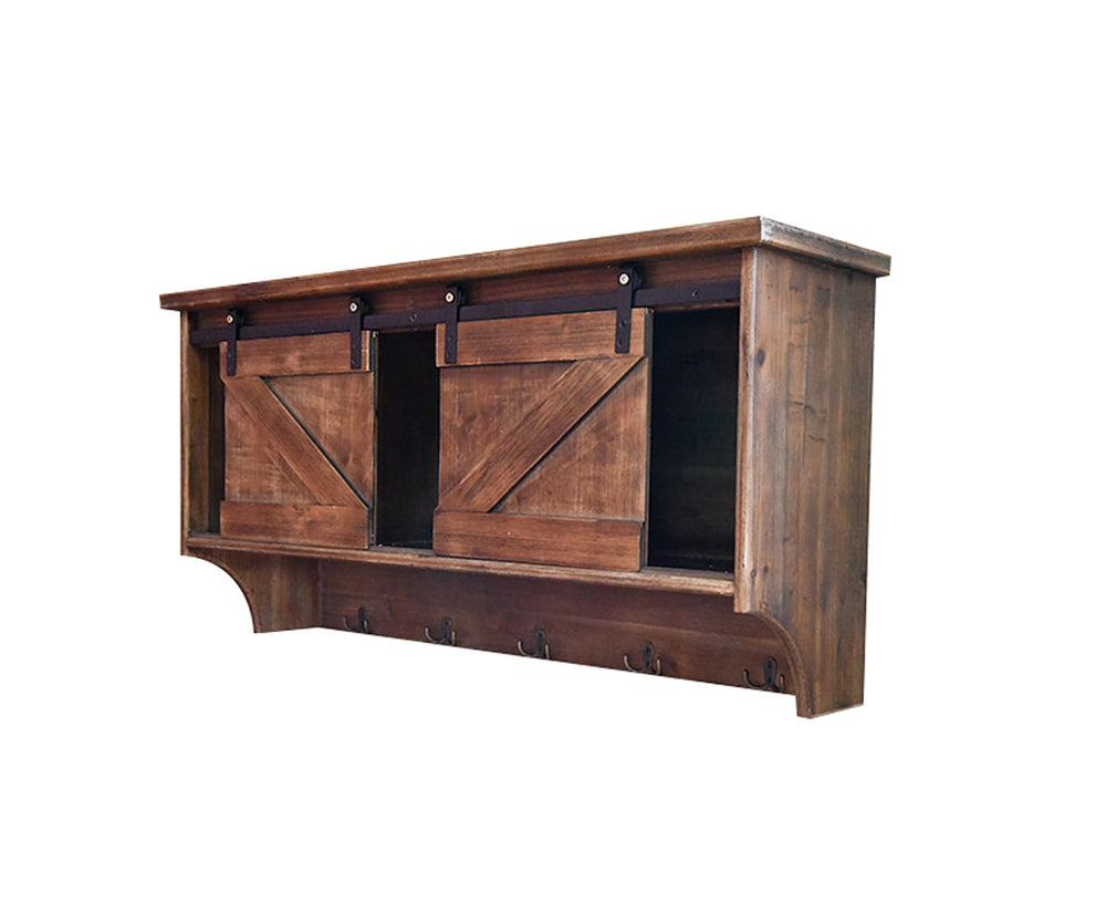 Rustic Wooden Shelf with Barn Door Storage and Hooks By Homeroots | Shelves & Shelving Units | Modishstore - 3