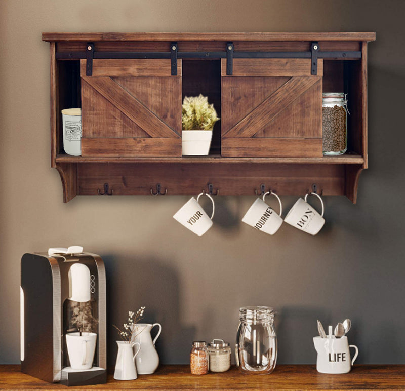 Rustic Wooden Shelf with Barn Door Storage and Hooks By Homeroots | Shelves & Shelving Units | Modishstore