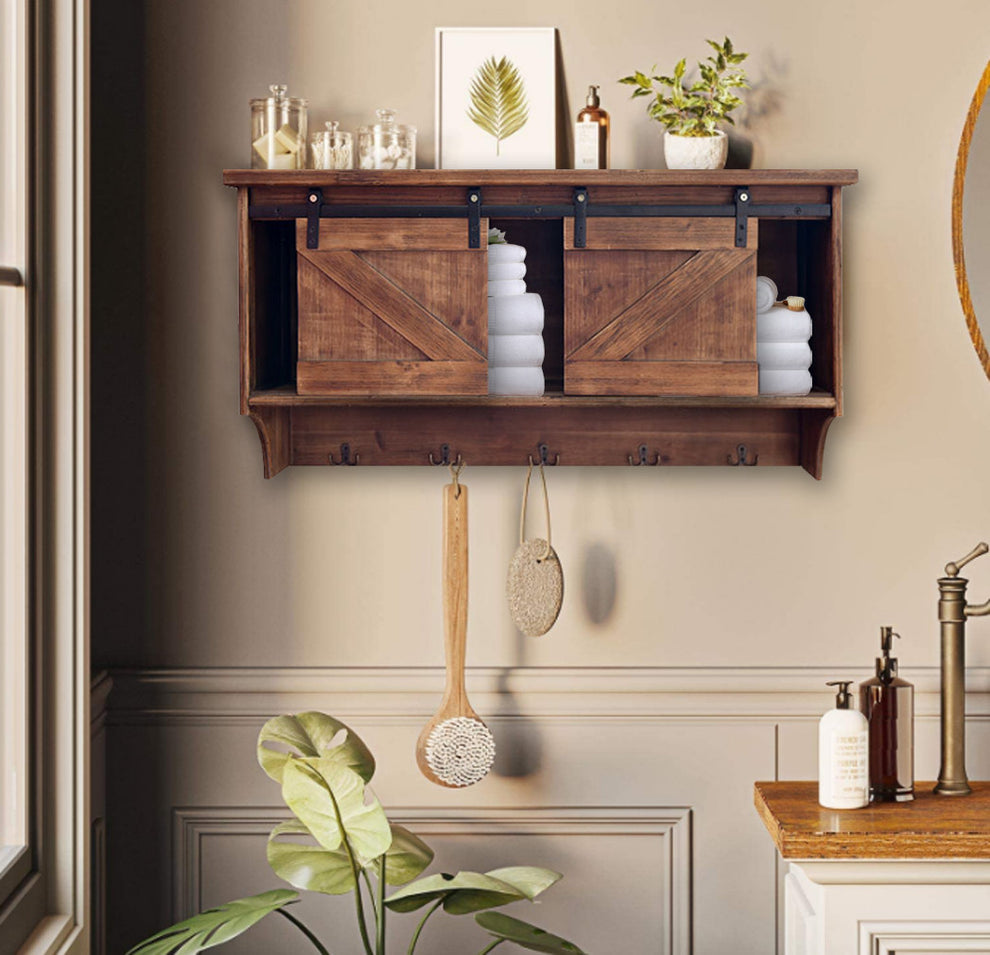 Rustic Wooden Shelf with Barn Door Storage and Hooks By Homeroots | Shelves & Shelving Units | Modishstore - 5
