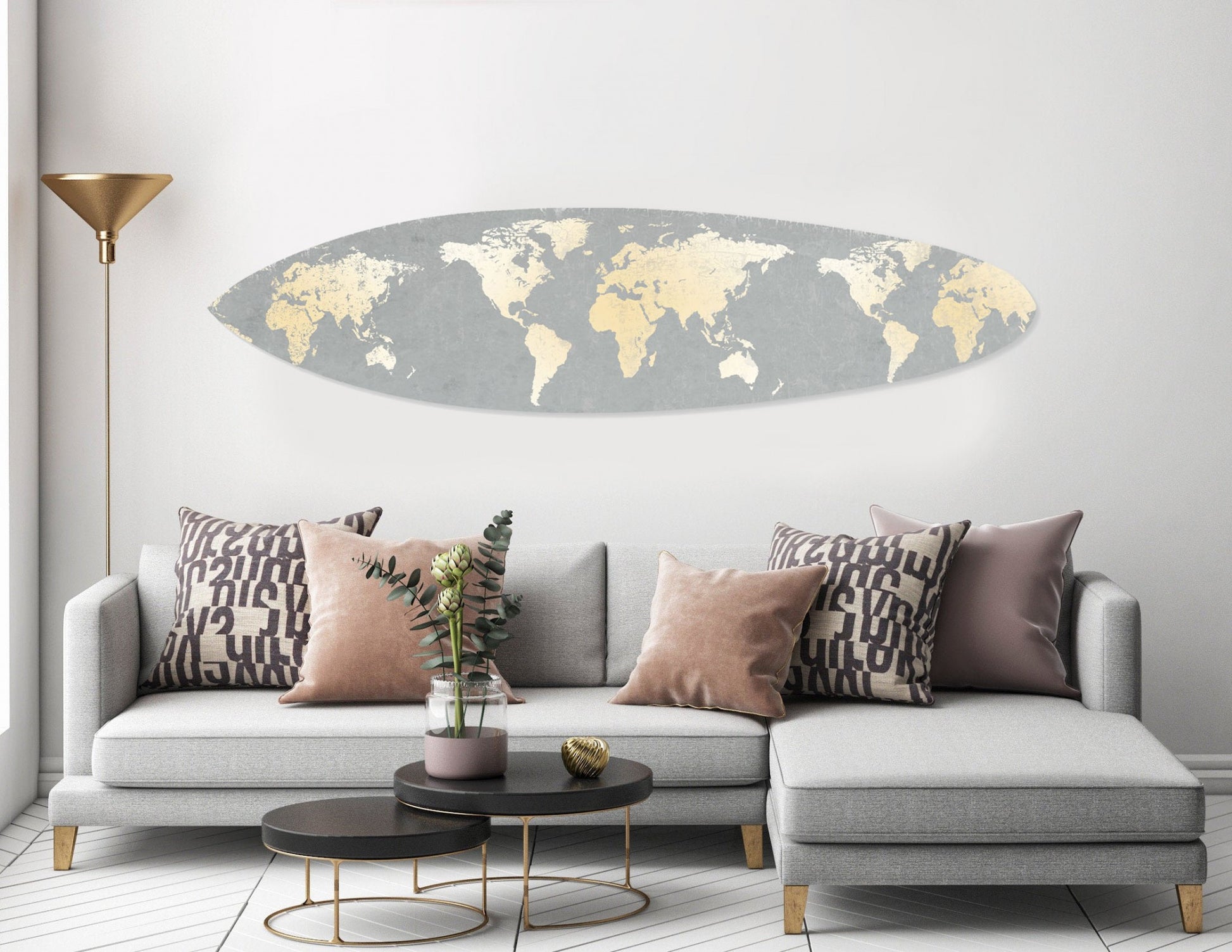 Grey and Gold World Map Surfboard Wall Art By Homeroots | Wall Decor | Modishstore