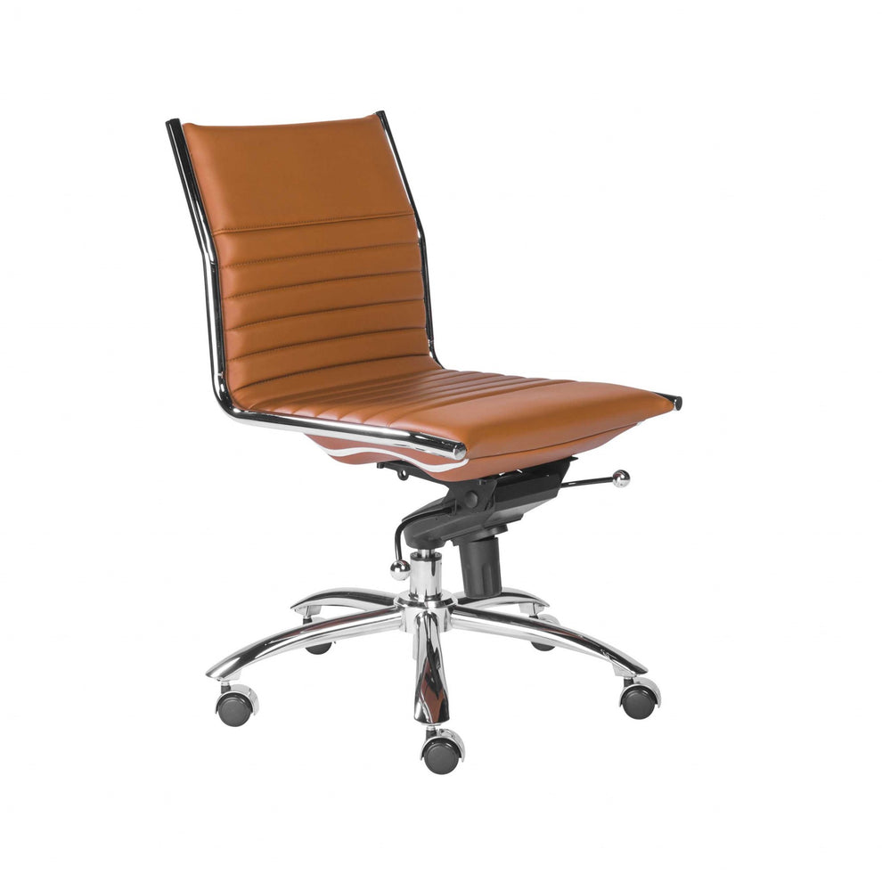 Armless Low Back Office Chair in Cognac with Chrome Base By Homeroots | Office Chairs | Modishstore - 2