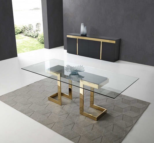 Polished Gold Glass Stainless Steel Dining Table By Homeroots | Dining Tables | Modishstore - 6