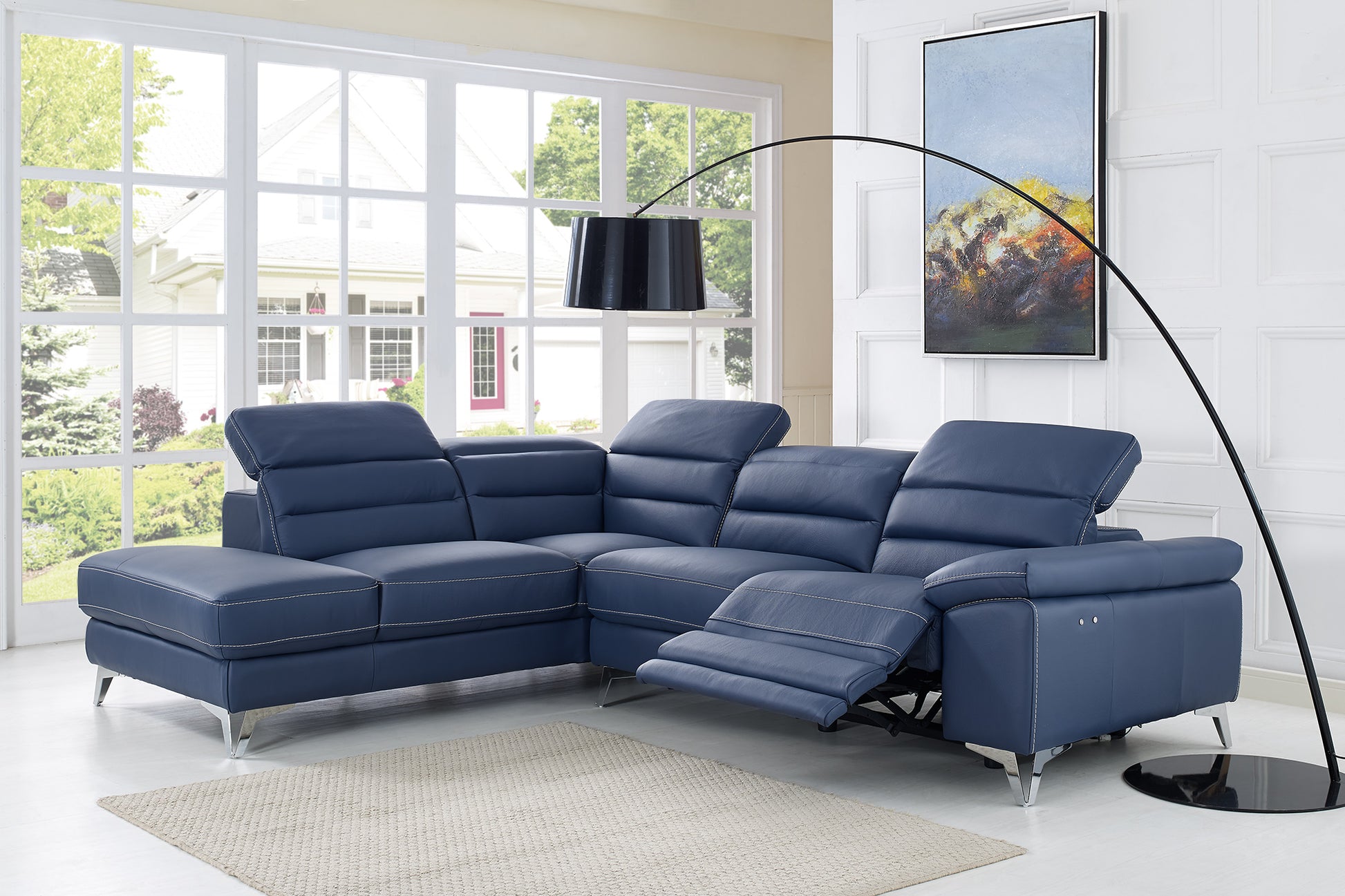 Navy Blue Leather Sectional By Homeroots | Sectional | Modishstore - 2