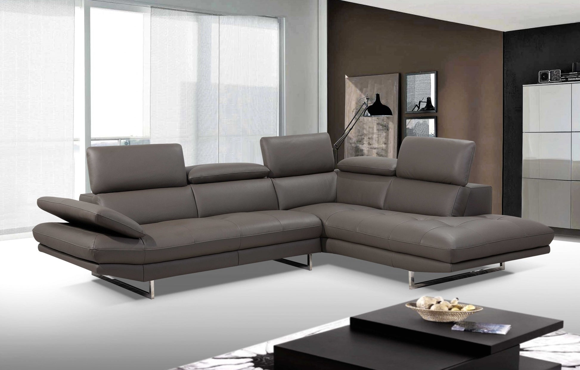Dark Gray Leather Sectional and Chaise By Homeroots | Sectional | Modishstore - 2