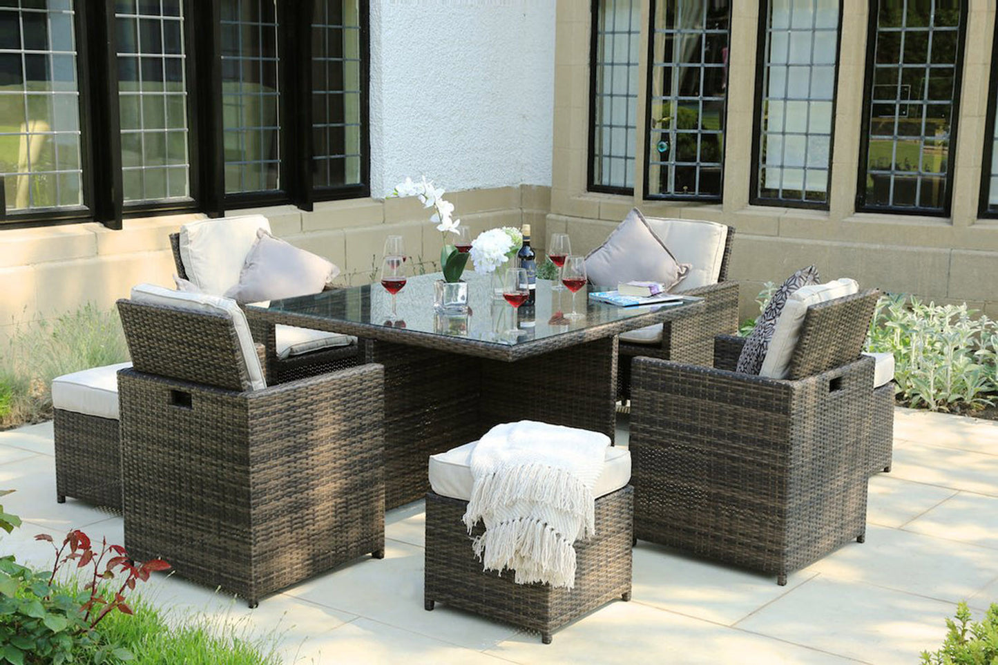 Brown Piece Square Outdoor Dining Set with Beige Cushions By Homeroots | Outdoor Dining Sets | Modishstore - 3