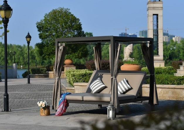 Gray Outdoor Steel Metal Adjustable Day Bed with Canopy and Taupe Cushions By Homeroots | Outdoor Chaise Lounges | Modishstore