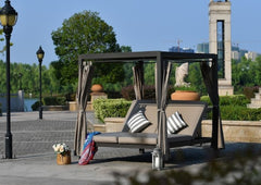 Gray Outdoor Steel Metal Adjustable Day Bed with Canopy and Taupe Cushions By Homeroots