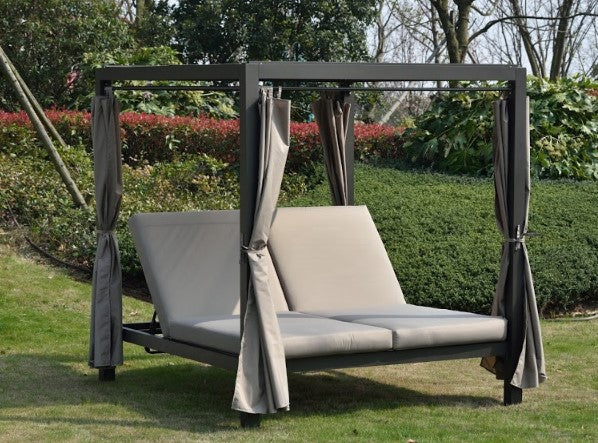 Gray Outdoor Steel Metal Adjustable Day Bed with Canopy and Taupe Cushions By Homeroots | Outdoor Chaise Lounges | Modishstore - 5