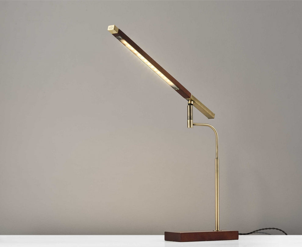 Walnut Wood Finish and Antique Brass Metal Adjustable LED Desk Lamp with USB Port By Homeroots | Desk Lamps | Modishstore - 2