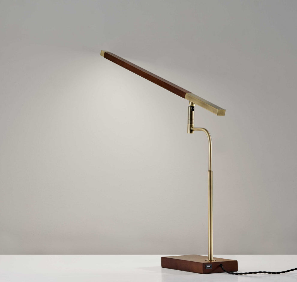 Walnut Wood Finish and Antique Brass Metal Adjustable LED Desk Lamp with USB Port By Homeroots | Desk Lamps | Modishstore - 3
