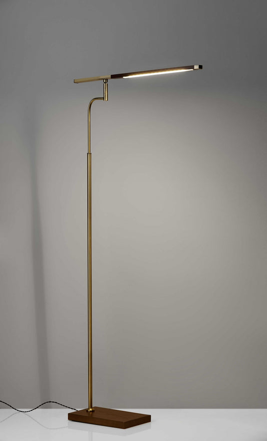 Thin Silhouette Adjustable LED Floor Lamp with Walnut Wood Finish and Antique Brass Accents By Homeroots | Floor Lamps | Modishstore - 2