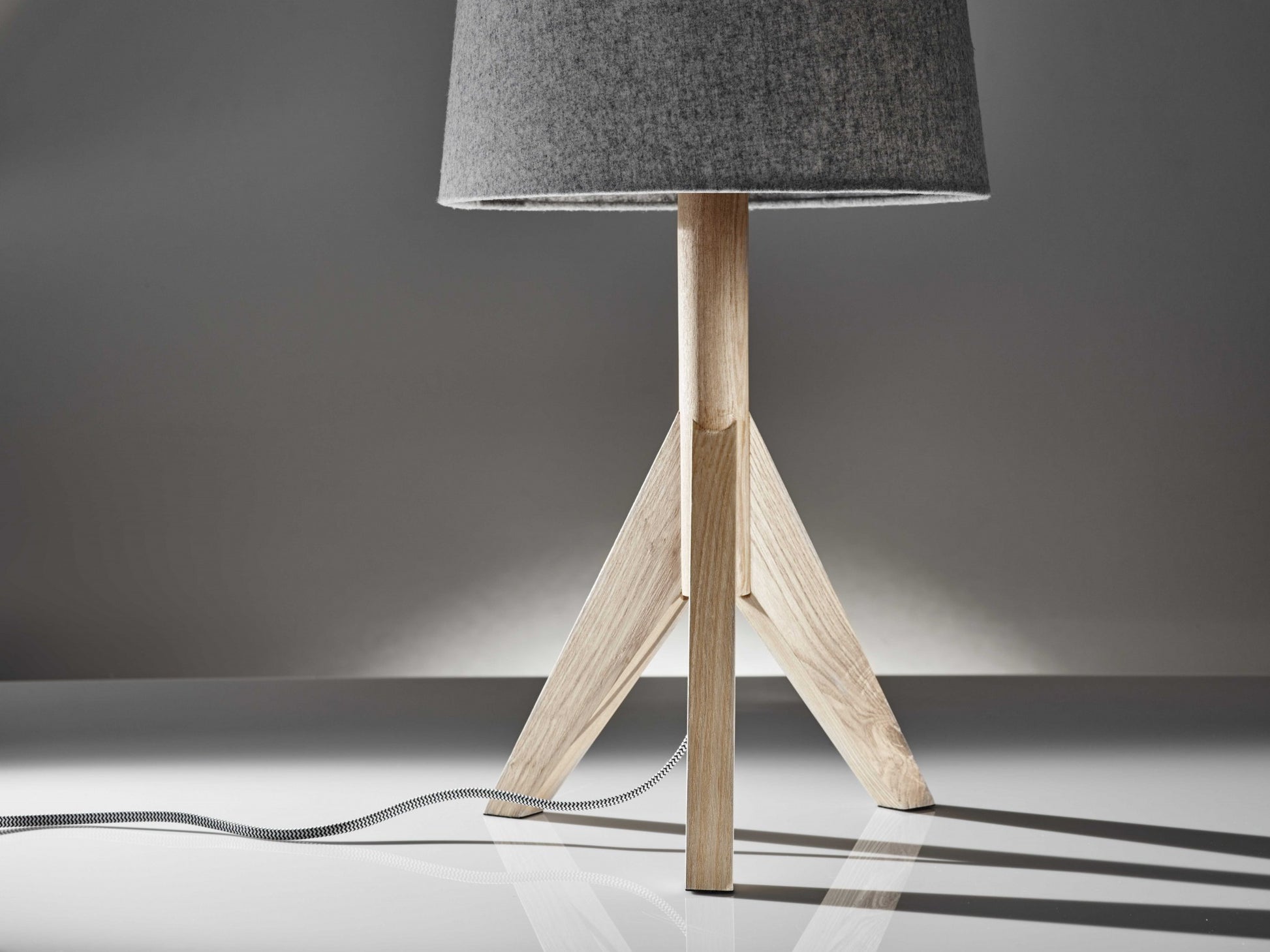 Natural Wood Tripod Base with Grey Felt Tapered Drum Shade Table Lamp By Homeroots | Table Lamps | Modishstore - 3