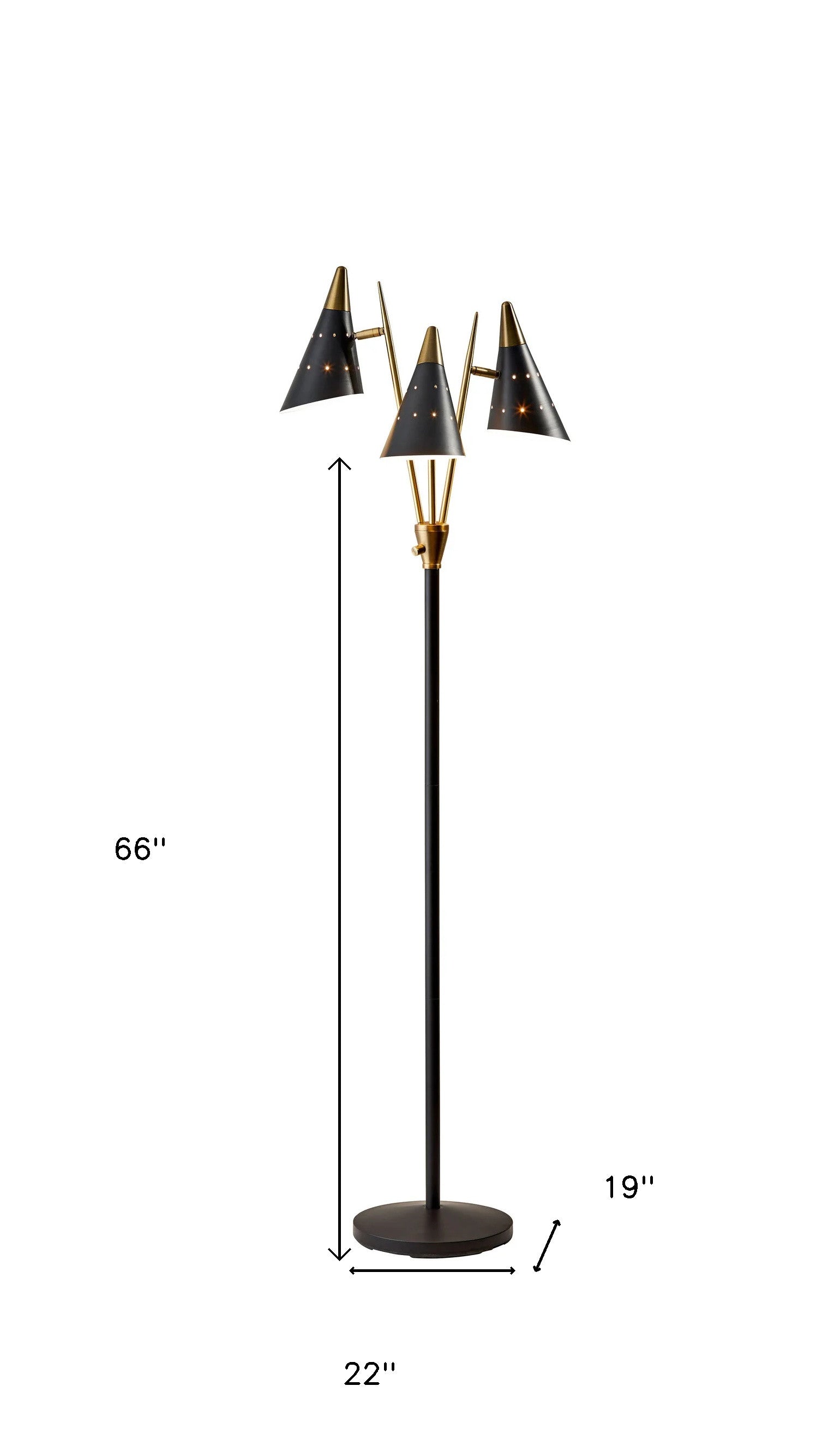 Black Metal Floor Lamp with Three Adjustable Antique Brass Accented Cone Shades By Homeroots | Floor Lamps | Modishstore