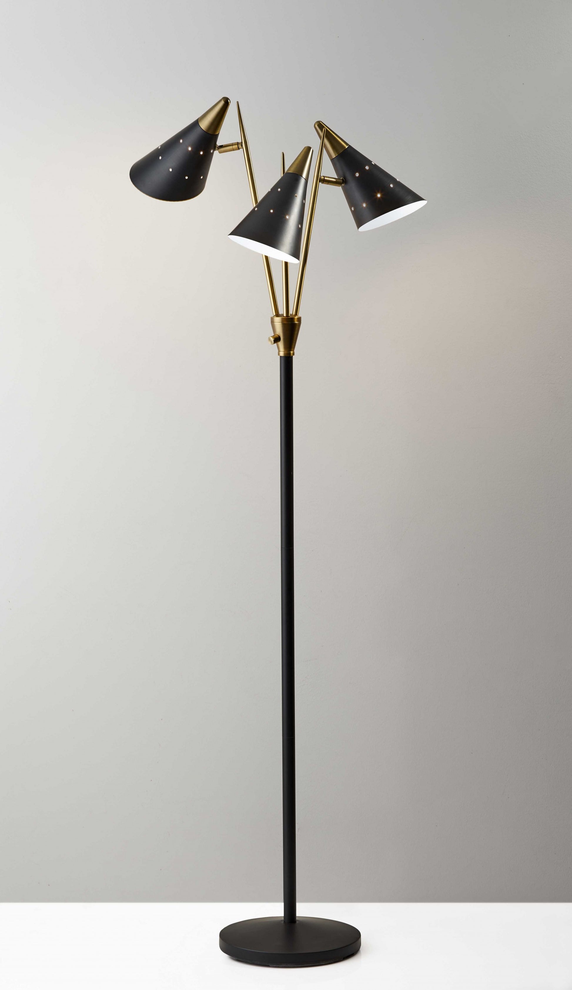 Black Metal Floor Lamp with Three Adjustable Antique Brass Accented Cone Shades By Homeroots | Floor Lamps | Modishstore - 2