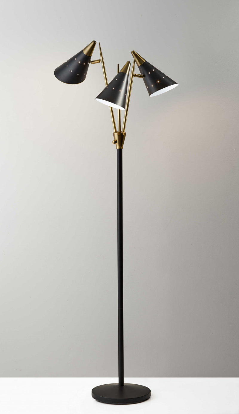 Black Metal Floor Lamp with Three Adjustable Antique Brass Accented Cone Shades By Homeroots | Floor Lamps | Modishstore - 2