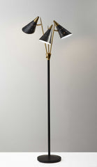 Black Metal Floor Lamp with Three Adjustable Antique Brass Accented Cone Shades By Homeroots
