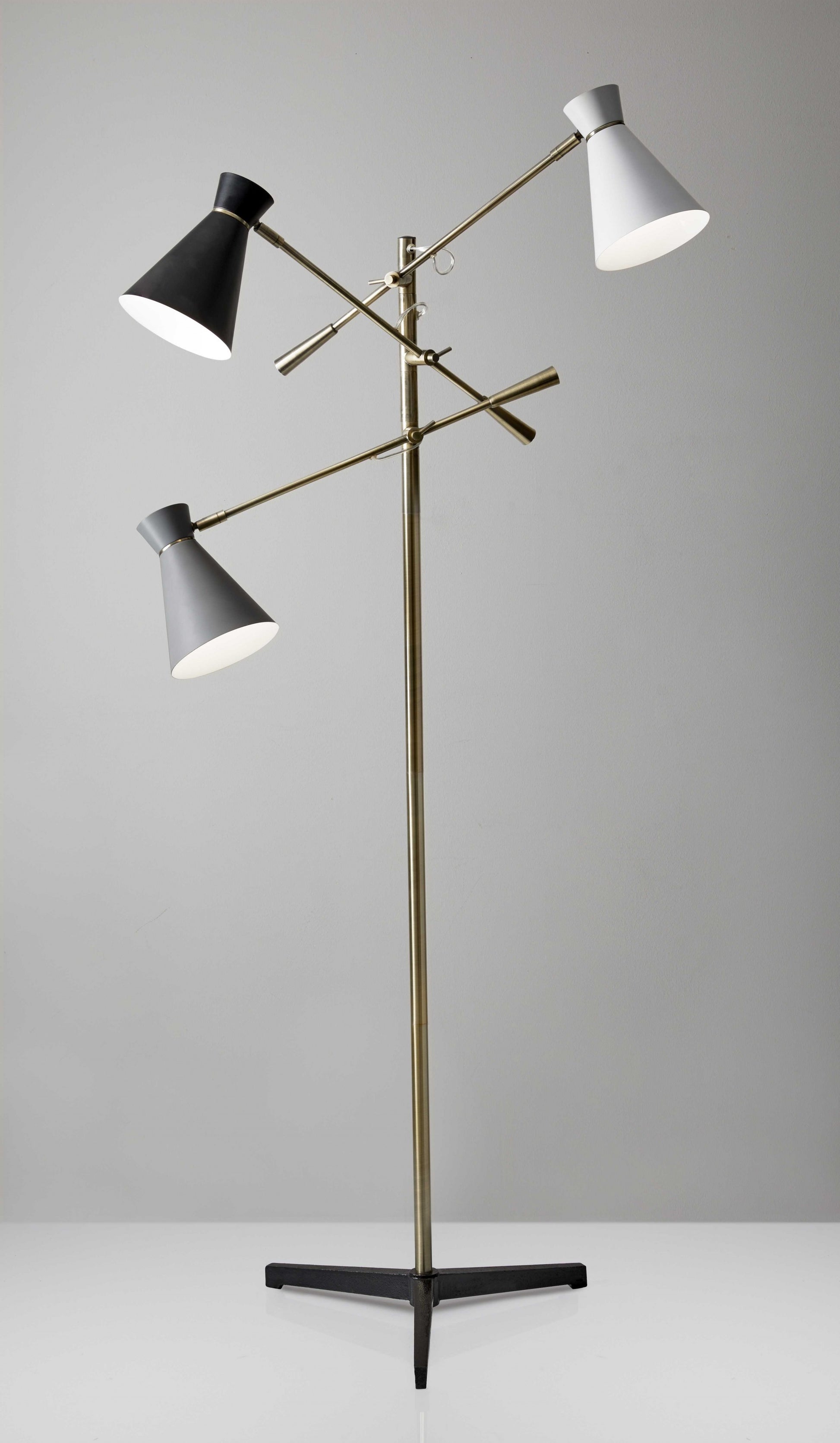 Three Arm Adjustable Floor Lamp in Brass Metal with Grey Black and White Shades By Homeroots | Floor Lamps | Modishstore