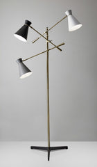 Three Arm Adjustable Floor Lamp in Brass Metal with Grey Black and White Shades By Homeroots