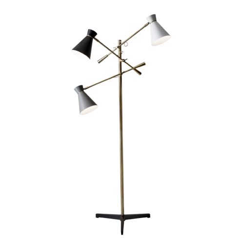 Three Arm Adjustable Floor Lamp in Brass Metal with Grey Black and White Shades By Homeroots | Floor Lamps | Modishstore - 2