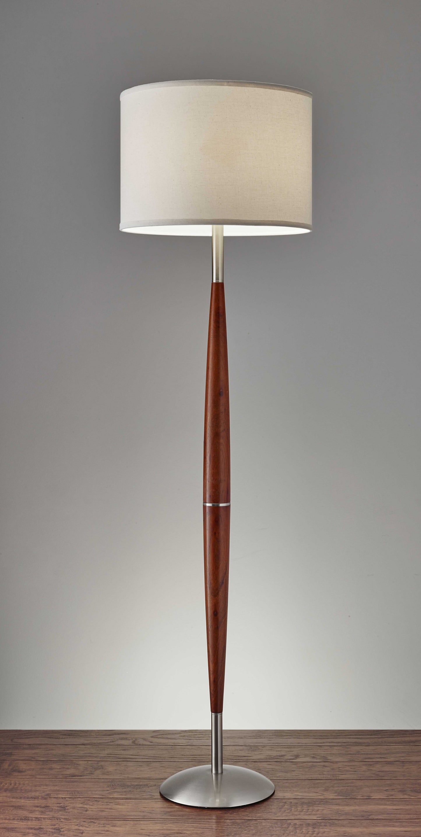 Elliptical Shape Walnut Wood Finish Floor Lamp with Satin Steel Accents and White Fabric Drum Shade By Homeroots | Floor Lamps | Modishstore