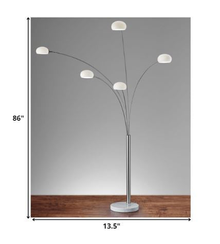Brushed Steel Adjustable Arc Floor Lamp with Five Lights and White Milk Glass Shades By Homeroots