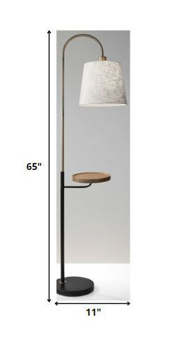 Antique Brass And Black Metal Floor Lamp With USB Charging Station Wood Shelf By Homeroots