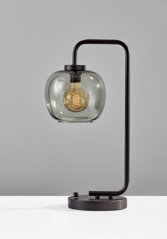 Smoked Glass Globe Shade with Vintage Edison Bulb and Matte Black Metal Arc Table Lamp By Homeroots | Table Lamps | Modishstore