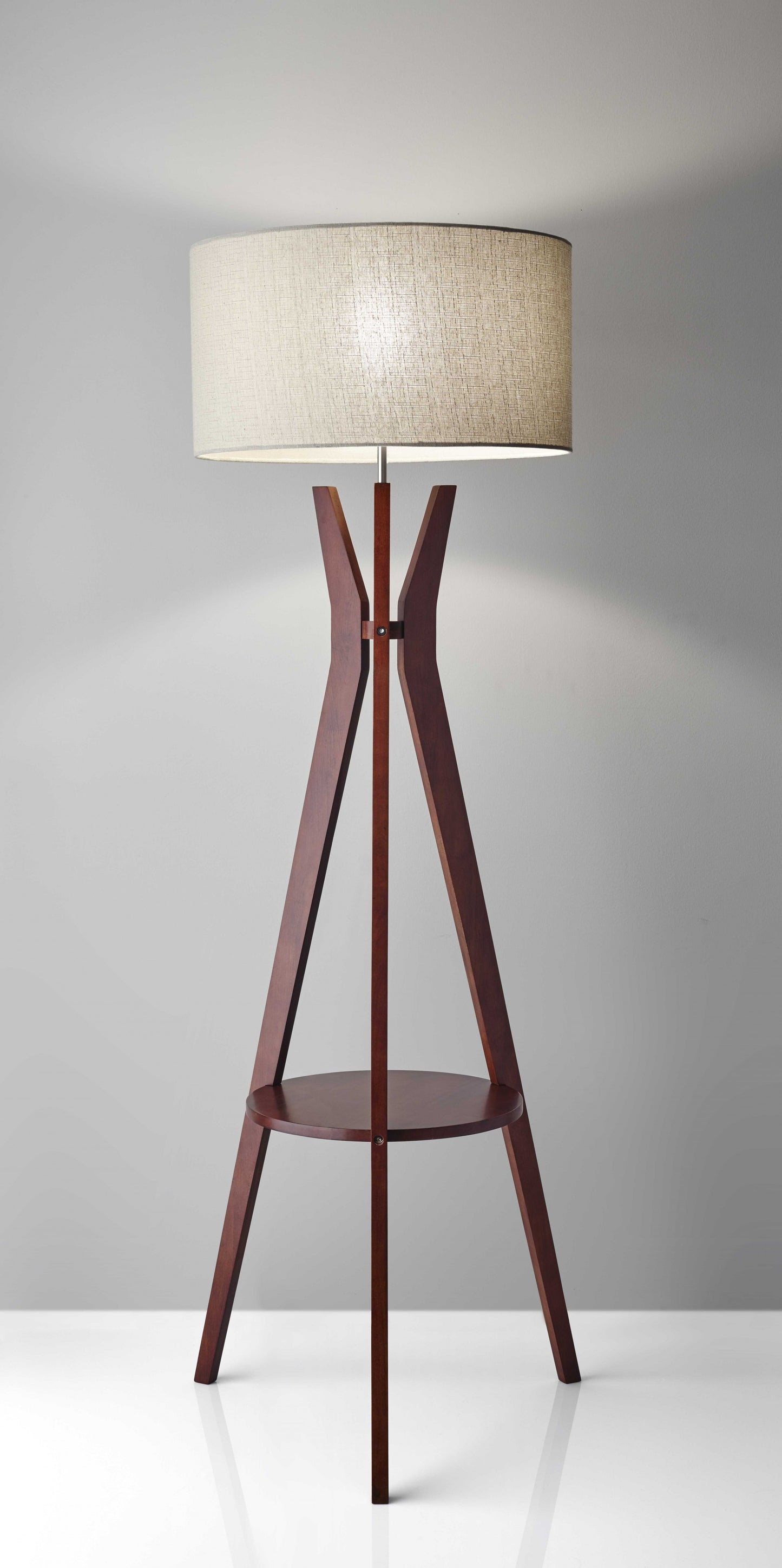Walnut Wood Floor Lamp Tripod Base with Shelf By Homeroots | Floor Lamps | Modishstore