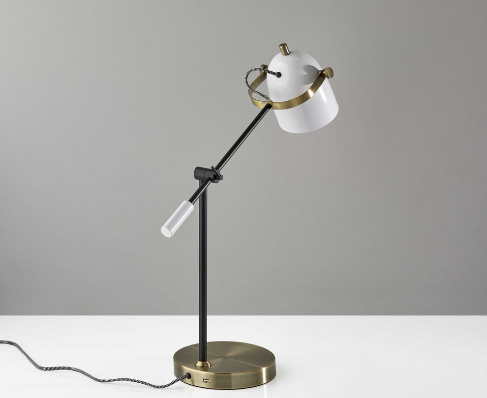 White Metal Adjustable Arm and Shade USB Port Desk Lamp By Homeroots | Desk Lamps | Modishstore - 2