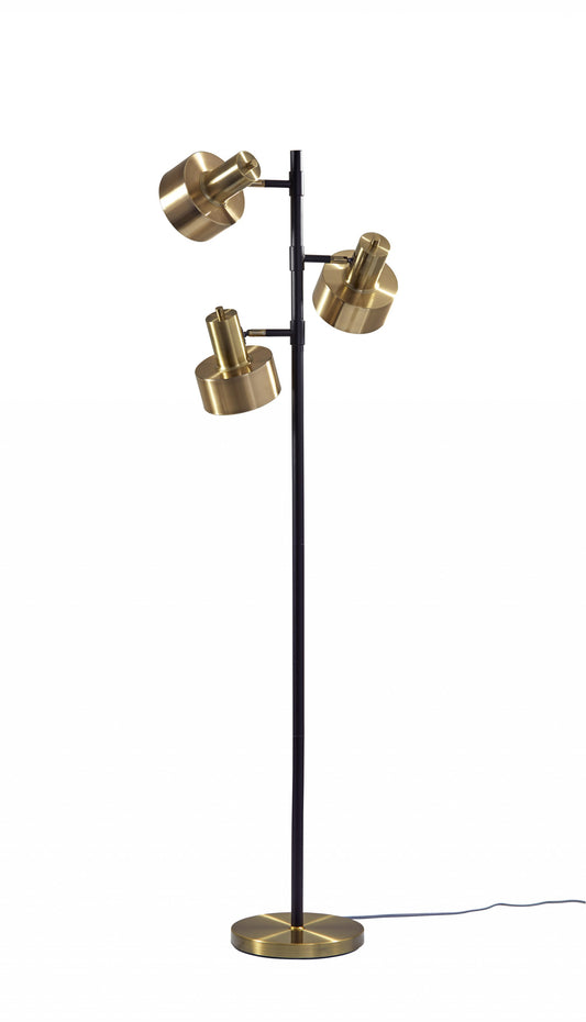 Three Light Floor Lamp with Matte Black Pole and Adjustable Antique Brass Metal Shades By Homeroots | Floor Lamps | Modishstore