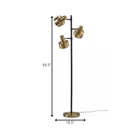 Three Light Floor Lamp with Matte Black Pole and Adjustable Antique Brass Metal Shades By Homeroots | Floor Lamps | Modishstore - 5