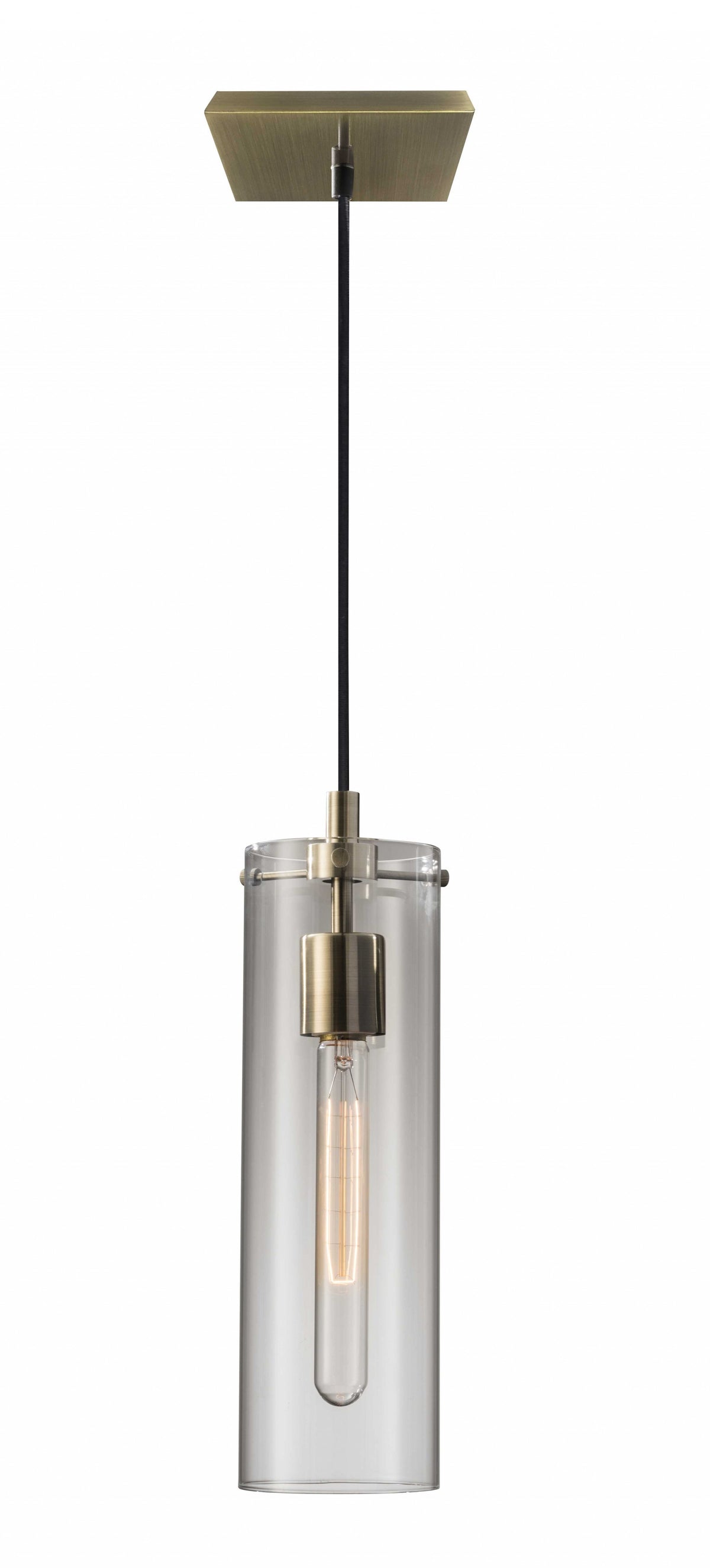 Clear Glass Cylinder Shade with Vintage Filament Bulb Antique Brass Metal Pendant By Homeroots | Pendant Lamps | Modishstore - 2