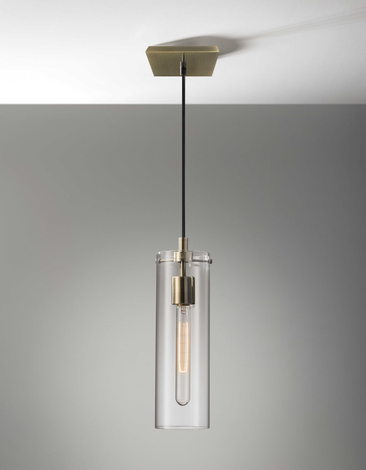 Clear Glass Cylinder Shade with Vintage Filament Bulb Antique Brass Metal Pendant By Homeroots | Pendant Lamps | Modishstore
