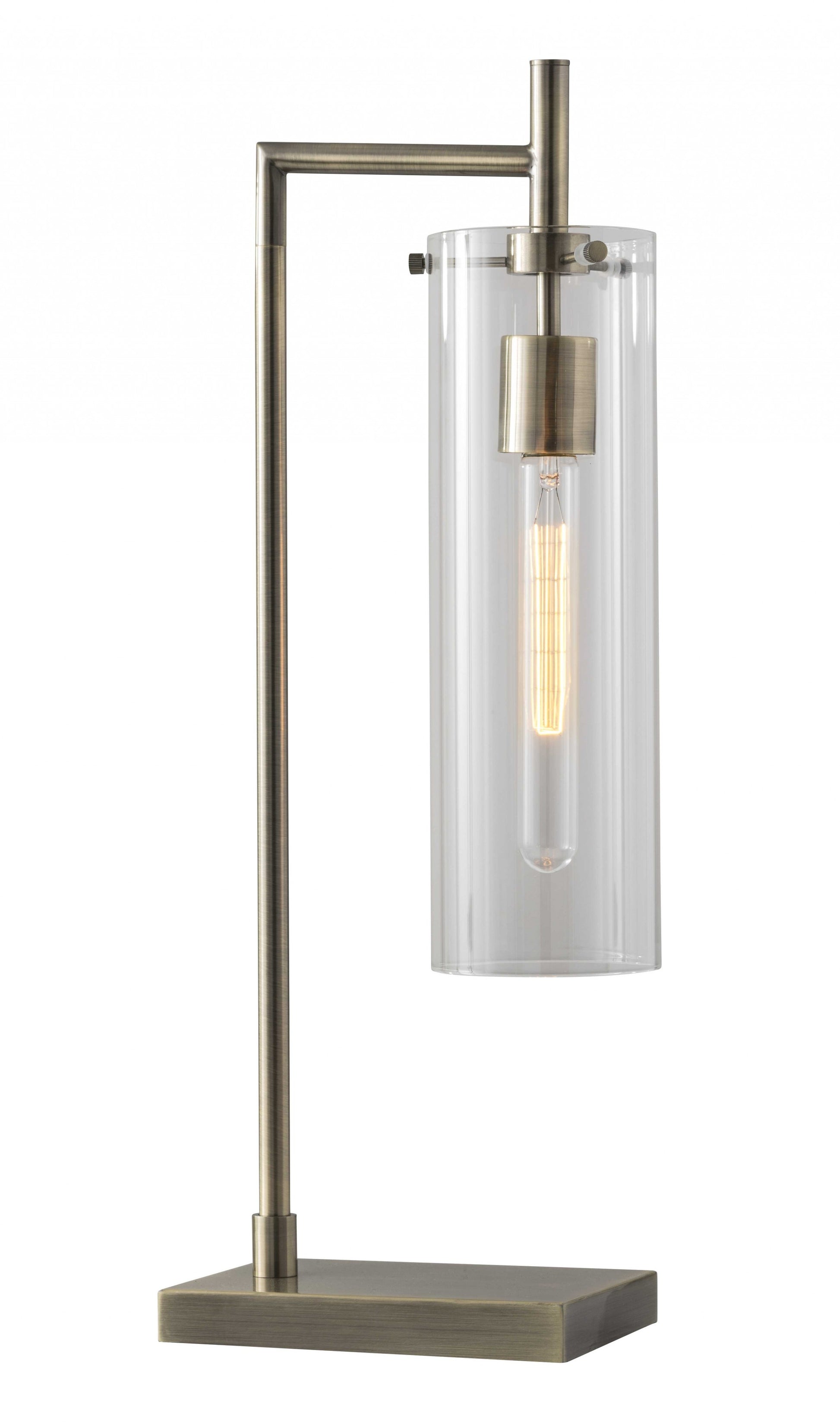 Sleek Clear Glass Cylinder Shade with Vintage Filament Bulb Antique Brass Metal Table Lamp By Homeroots | Table Lamps | Modishstore