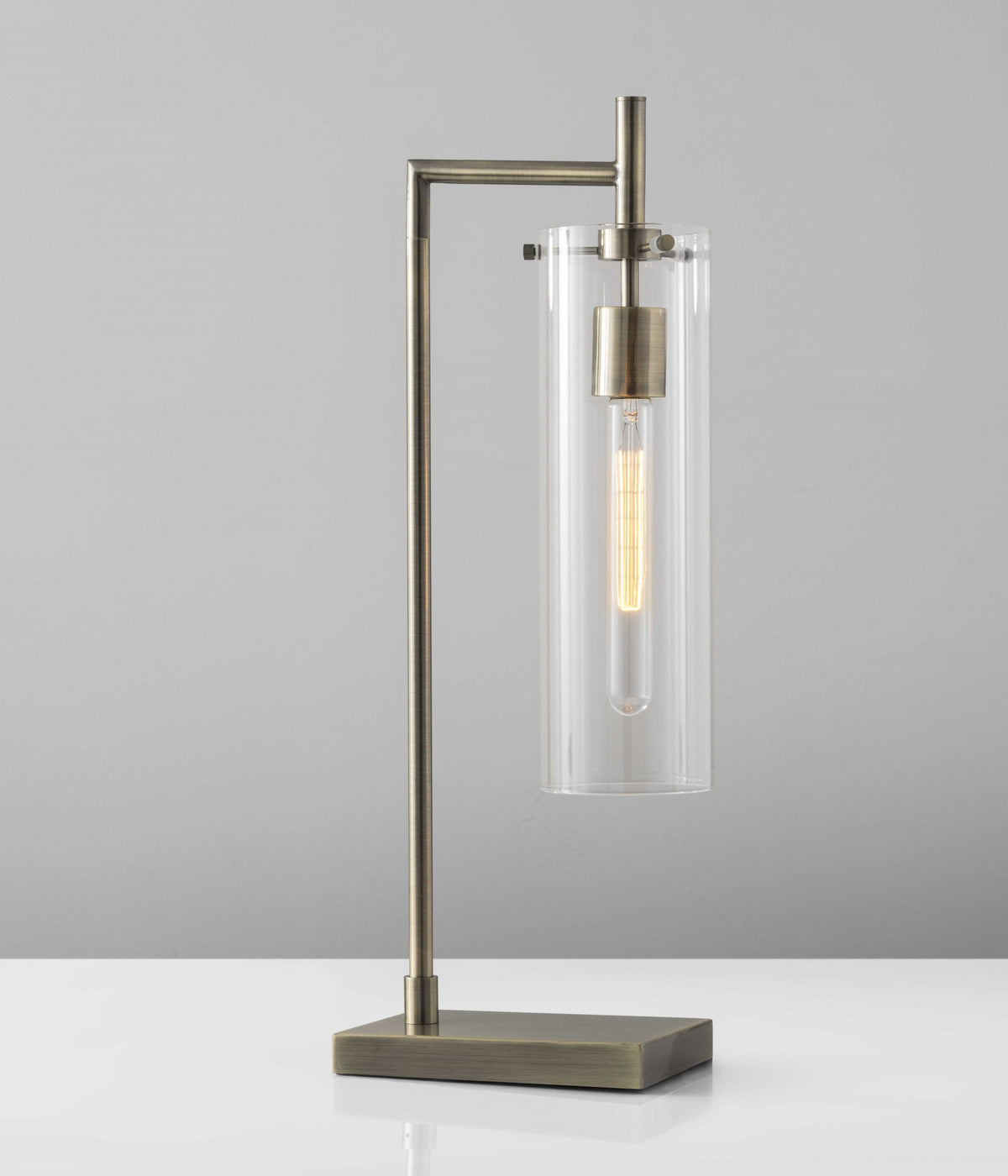 Sleek Clear Glass Cylinder Shade with Vintage Filament Bulb Antique Brass Metal Table Lamp By Homeroots | Table Lamps | Modishstore