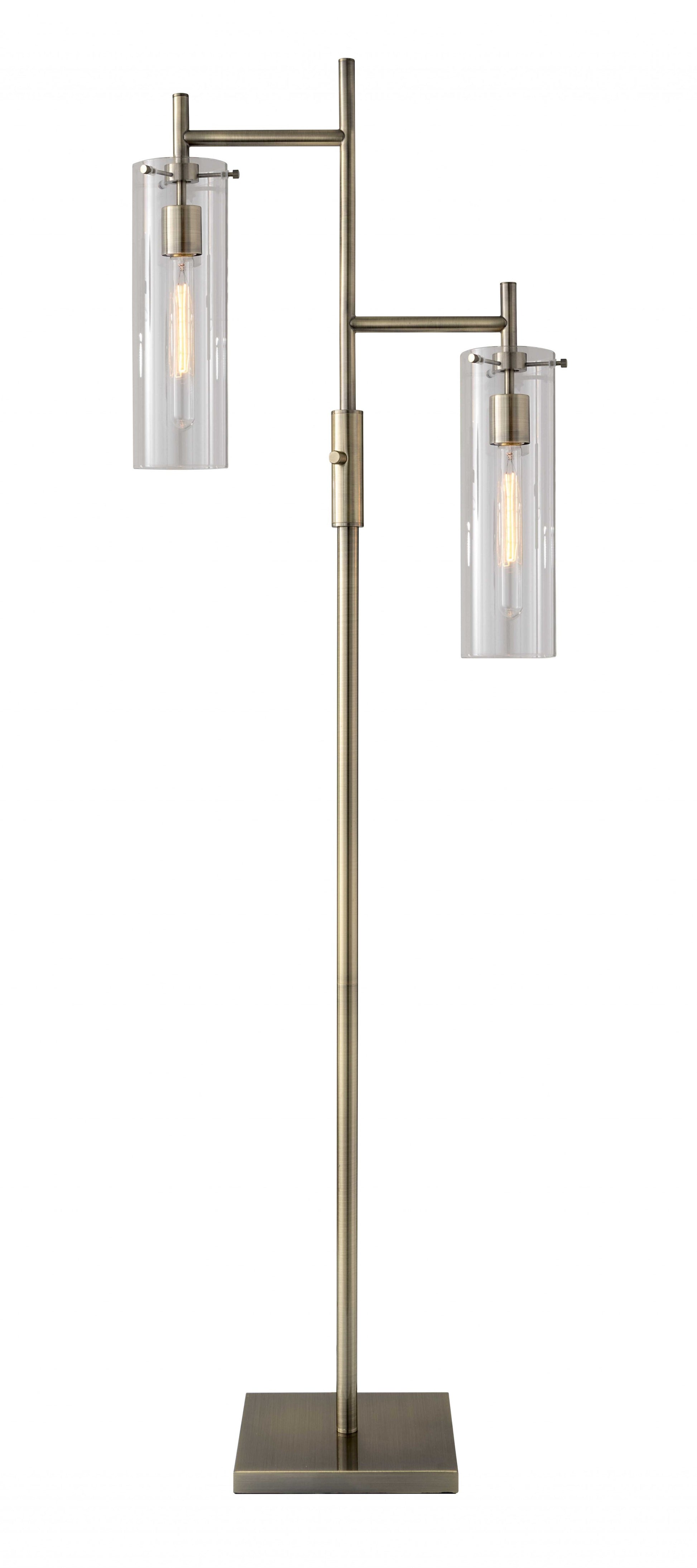 Two Light Modern Floor Lamp Clear Glass Cylinder Shade with Vintage Filament Bulb Antique Brass Metal Pole By Homeroots | Floor Lamps | Modishstore