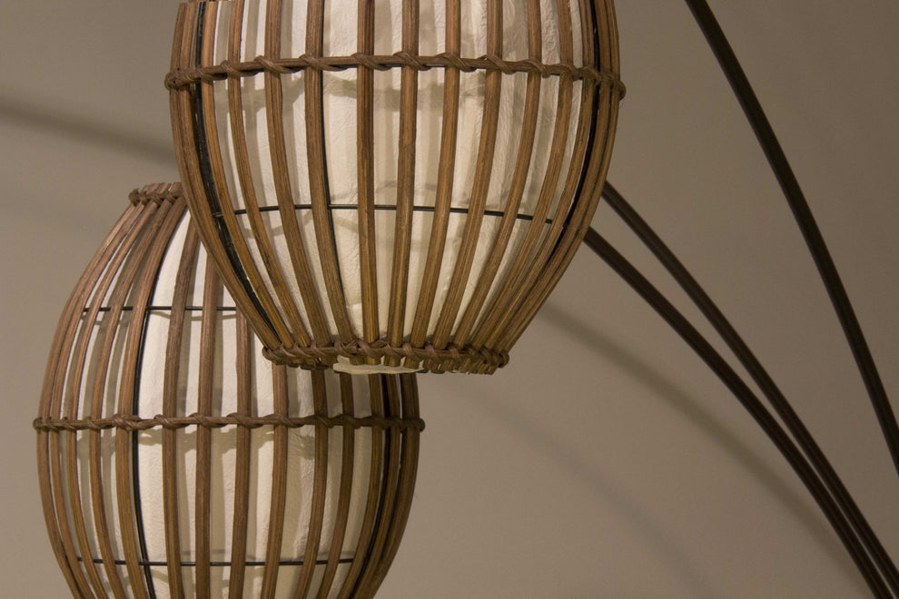 Three Light Arc Lamp in Bronze Metal with Brown Cane Barrel Shape Lanterns By Homeroots | Floor Lamps | Modishstore - 2