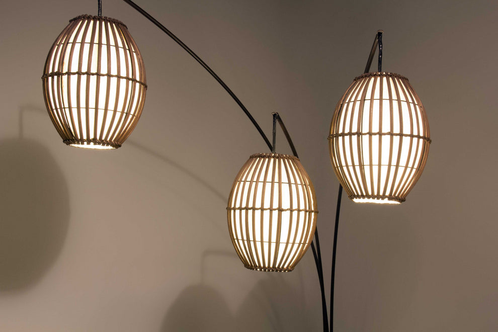 Three Light Arc Lamp in Bronze Metal with Brown Cane Barrel Shape Lanterns By Homeroots | Floor Lamps | Modishstore - 3