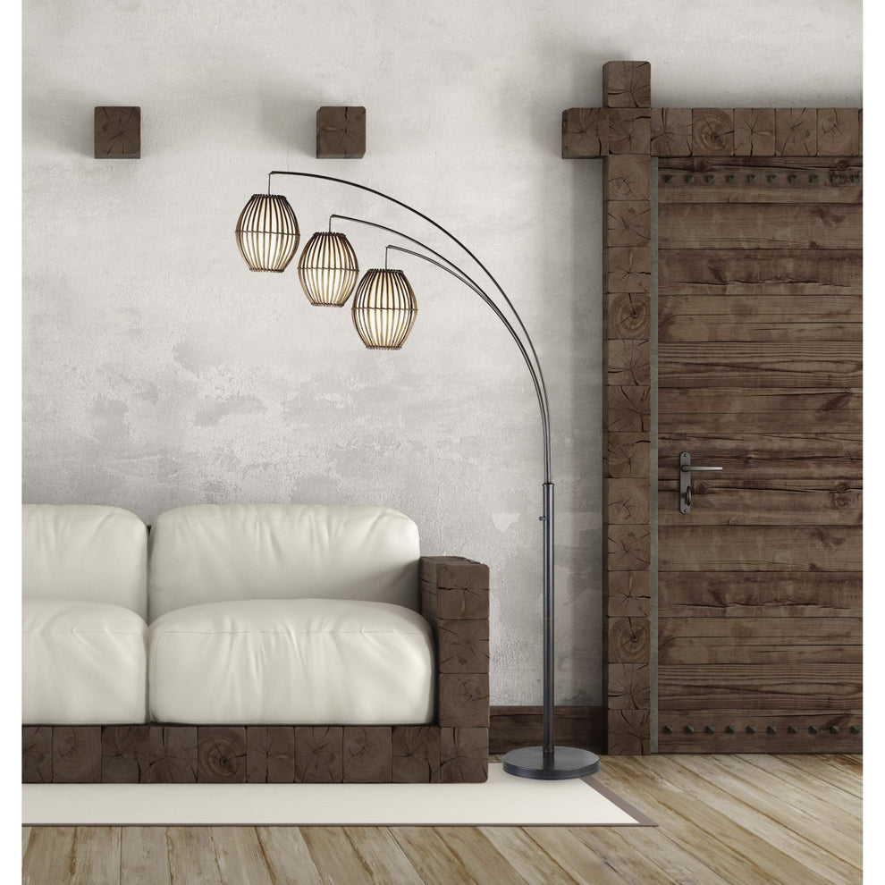 Three Light Arc Lamp in Bronze Metal with Brown Cane Barrel Shape Lanterns By Homeroots | Floor Lamps | Modishstore - 4