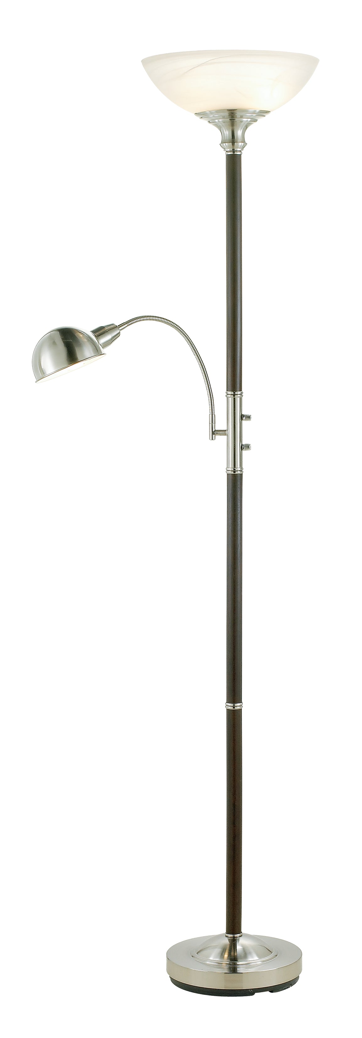 Two Light Combo Floor Lamp Wood Brushed Steel Torchiere with Frosted Glass Dome Shade and Reading Light with Brushed Steel Dome Shade By Homeroots | Floor Lamps | Modishstore
