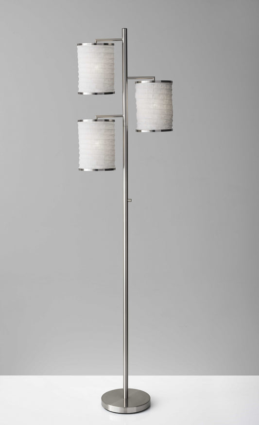 Three Light Floor Lamp Brushed Steel with White Fabric Lanterns By Homeroots | Floor Lamps | Modishstore - 2
