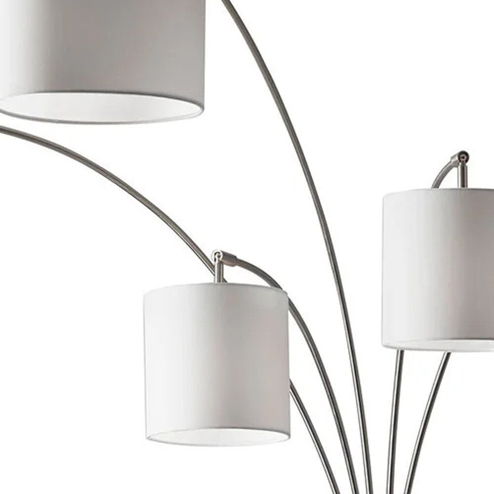 Five Light Floor Lamp Brushed Steel Arc Arms and Petite White Drum Shades | Floor Lamps | Modishstore