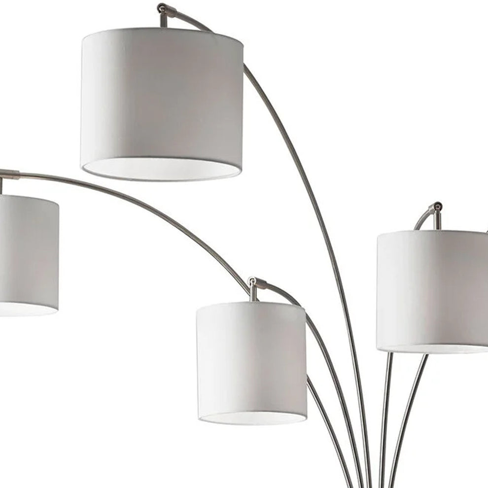 Five Light Floor Lamp Brushed Steel Arc Arms and Petite White Drum Shades | Floor Lamps | Modishstore - 2