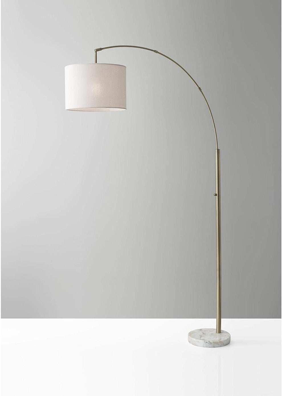 Reading Nook Floor Lamp Antique Brass Arc Arm Adjustable Off White Fabric Shade | Floor Lamps | Modishstore - 2