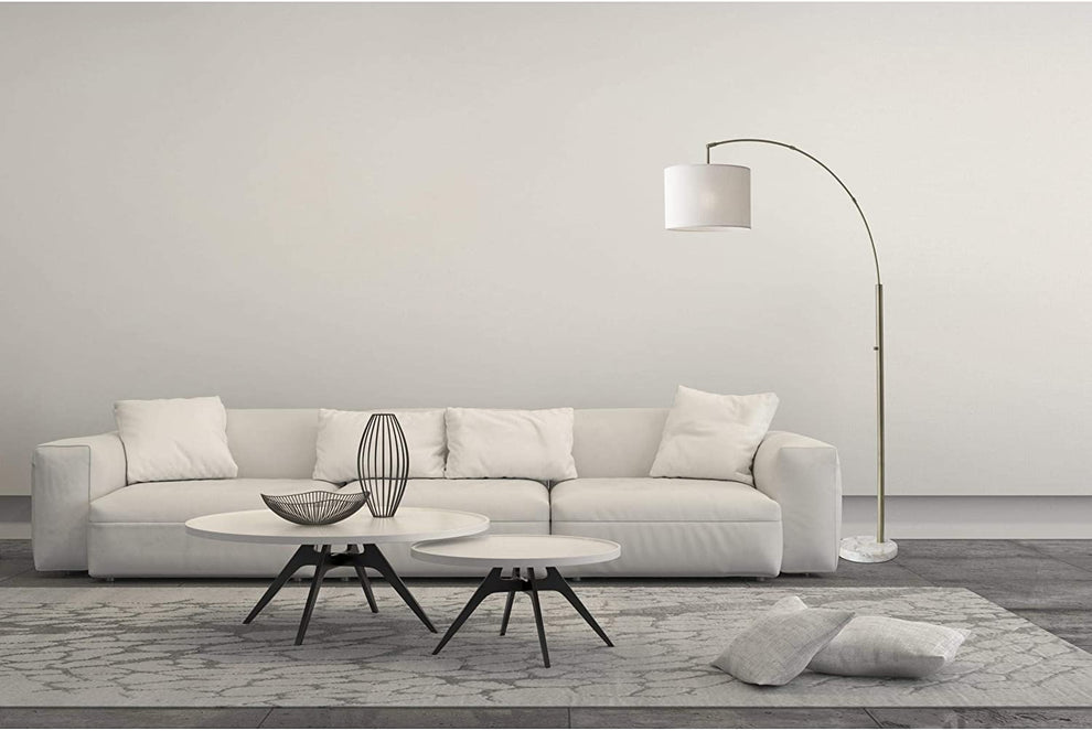 Reading Nook Floor Lamp Antique Brass Arc Arm Adjustable Off White Fabric Shade | Floor Lamps | Modishstore - 6