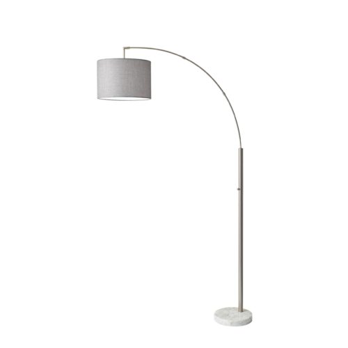 Reading Nook Floor Lamp Brushed Steel Arc Arm Adjustable Grey Fabric Shade | Floor Lamps | Modishstore