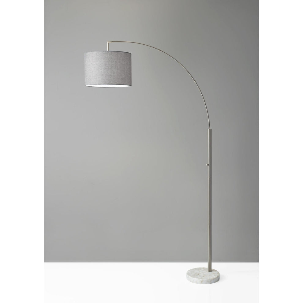 Reading Nook Floor Lamp Brushed Steel Arc Arm Adjustable Grey Fabric Shade | Floor Lamps | Modishstore - 2