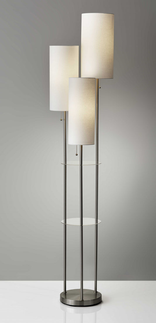 Three Light Floor Lamp in Brushed Steel with Two Clear Storage Shelves By Homeroots | Floor Lamps | Modishstore
