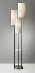 Three Light Floor Lamp in Brushed Steel with Two Clear Storage Shelves By Homeroots