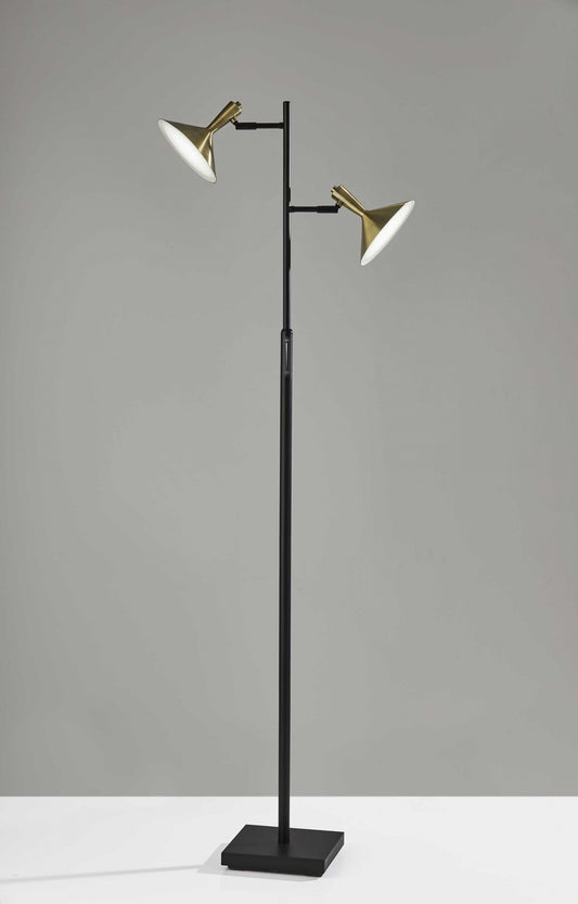 Double Brass Spotlight LED Floor Lamp in Black Metal By Homeroots | Floor Lamps | Modishstore